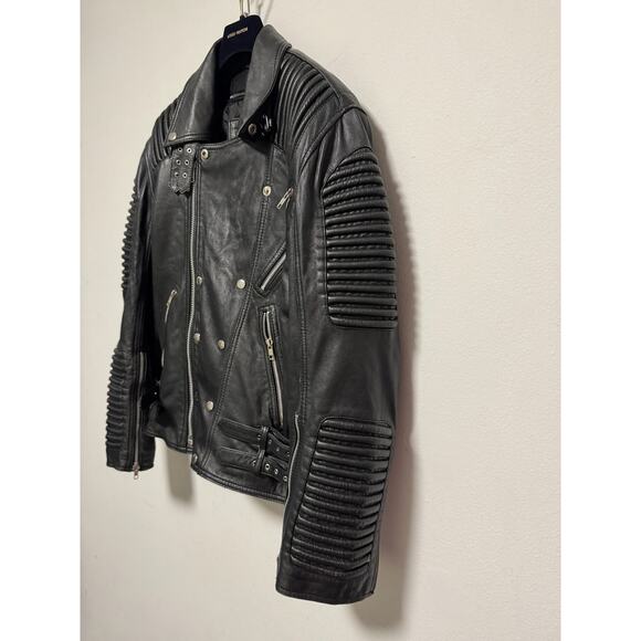 IK Leather Jacket Mens Large Black Biker Moto Asymmetrical Zip Quilted Ribbed - Picture 4 of 16